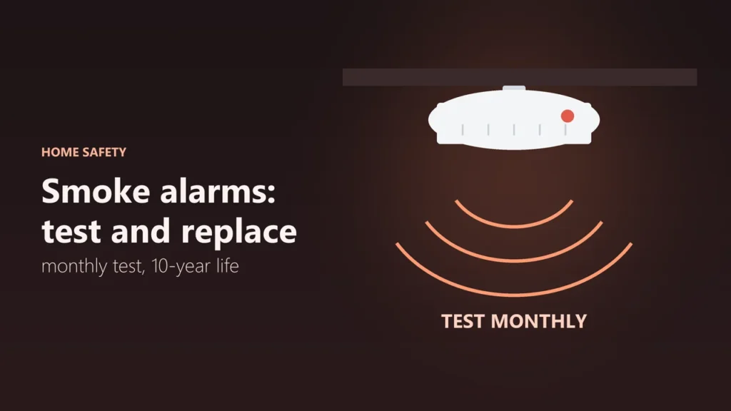 Illustration of a ceiling smoke alarm sounding with the words test monthly
