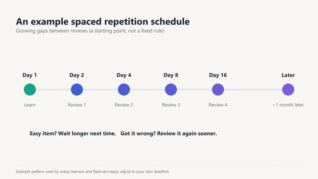 Example spaced repetition schedule with reviews on days 2, 4, 8 and 16 and about a month later
