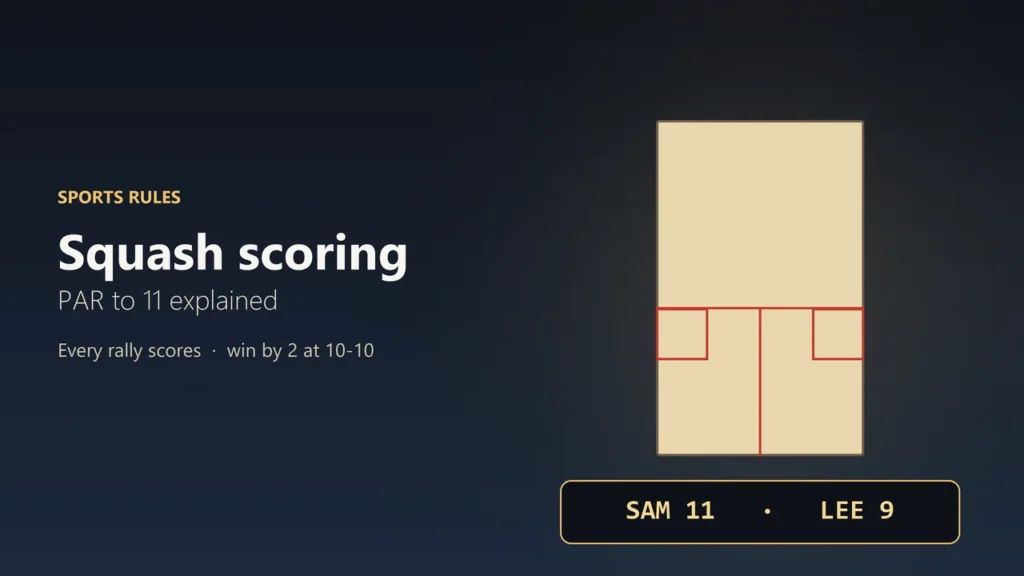 Illustration of a squash court seen from above with a scoreboard reading Sam 11, Lee 9