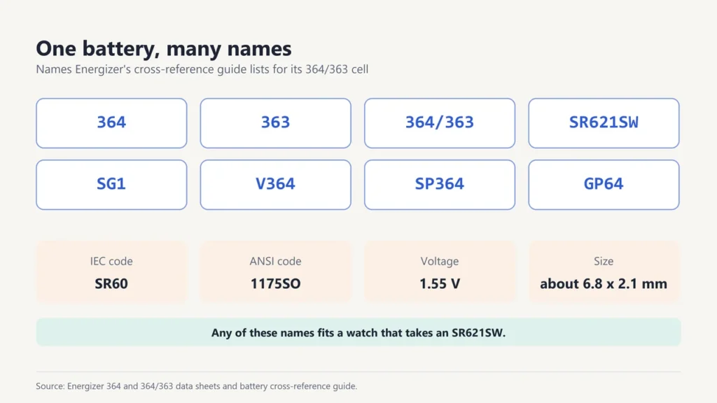 Names for the same battery: 364, 363, 364/363, SR621SW, SG1, V364, SP364 and GP64, with IEC code SR60, ANSI 1175SO, 1.55 V and about 6.8 x 2.1 mm