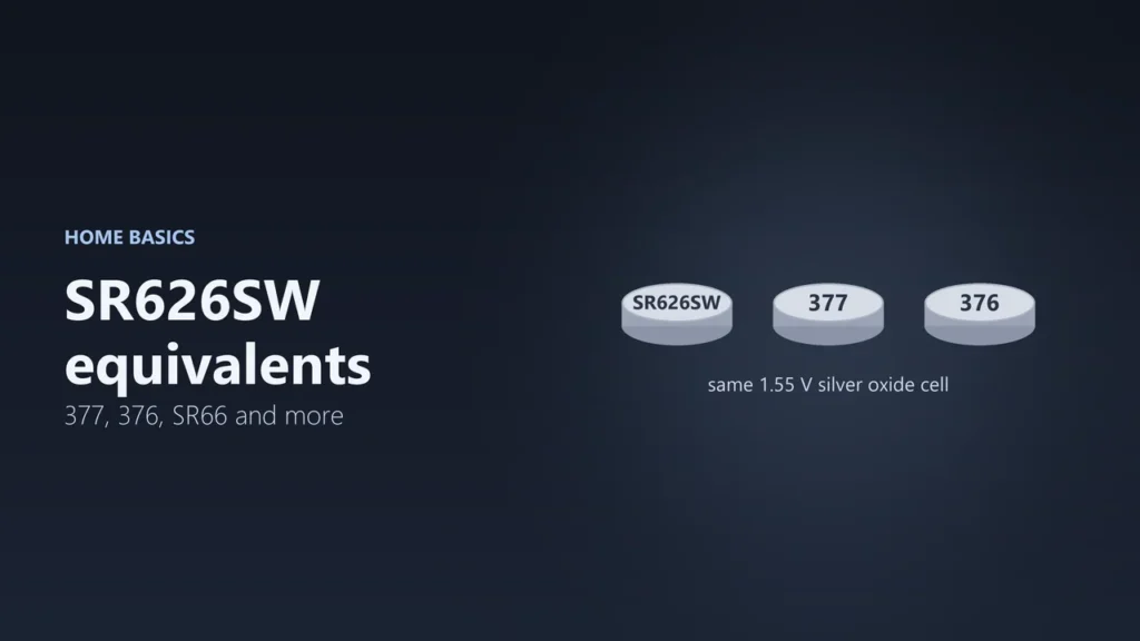 Illustration of three small button batteries labelled SR626SW, 377 and 376, the same 1.55 V silver oxide cell