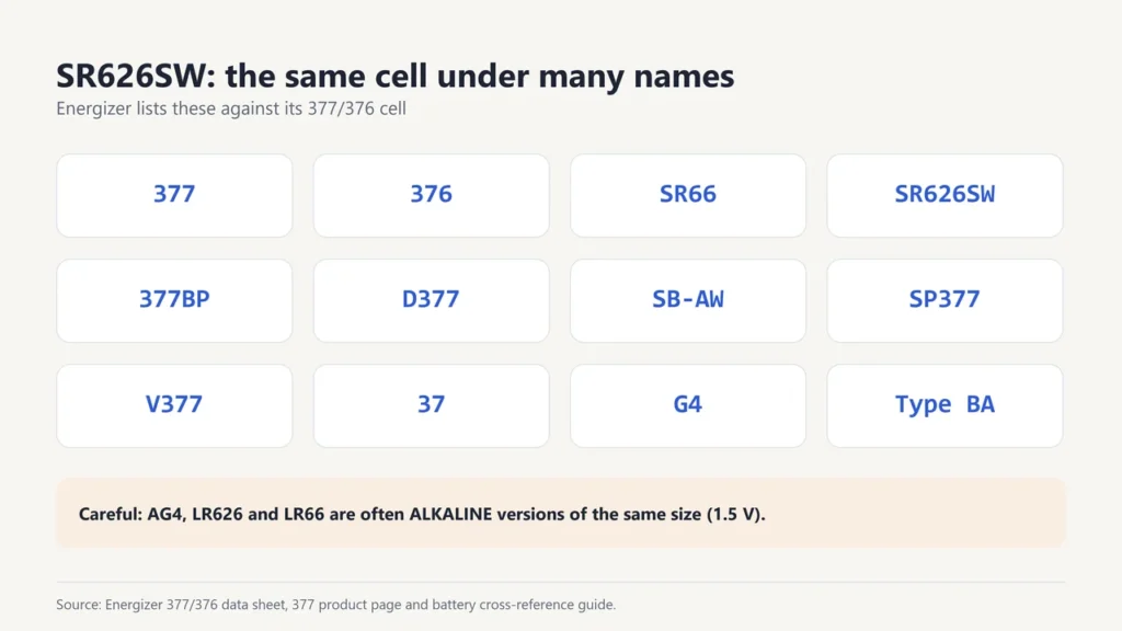Names Energizer lists for the same cell: 377, 376, SR66, SR626SW, 377BP, D377, SB-AW, SP377, V377, 37, G4, Type BA