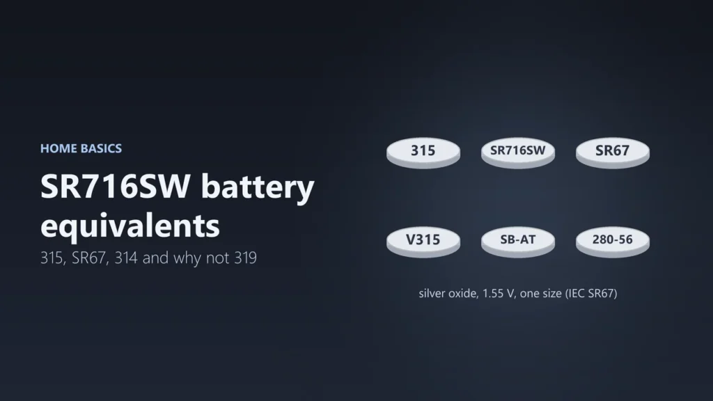 Six button cells labelled 315, SR716SW, SR67, V315, SB-AT and 280-56, all the same silver oxide size