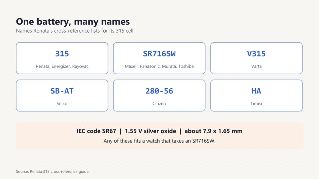 Chart of SR716SW names by brand: 315, SR716SW, V315, SB-AT, 280-56 and HA, all IEC SR67