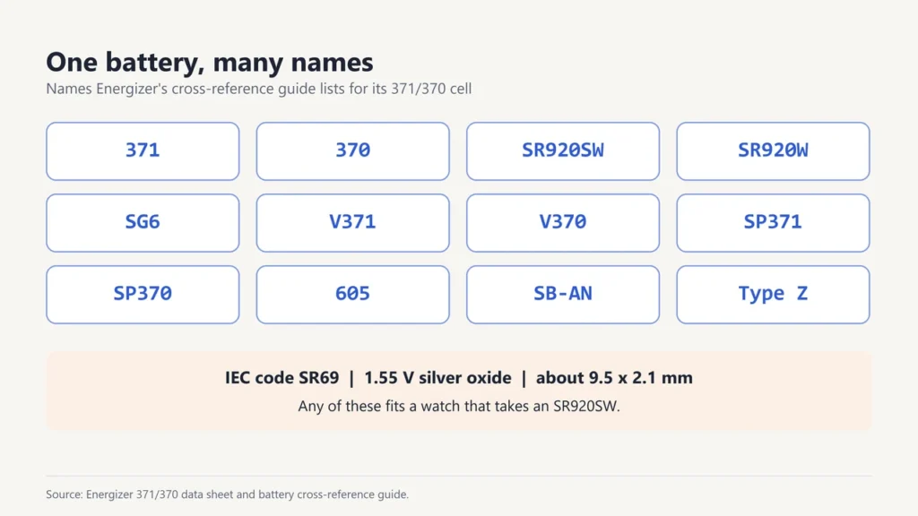 Names for the same battery: 371, 370, SR920SW, SR920W, SG6, V371, V370, SP371, SP370, 605, SB-AN and Type Z, IEC SR69, 1.55 V, about 9.5 x 2.1 mm