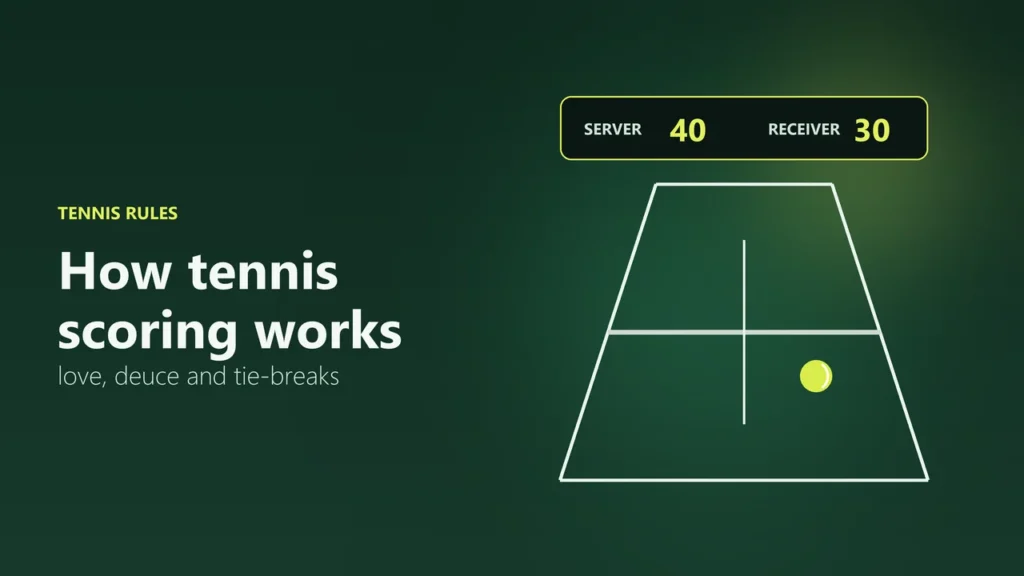 Illustration of a tennis court with a scoreboard showing server 40, receiver 30