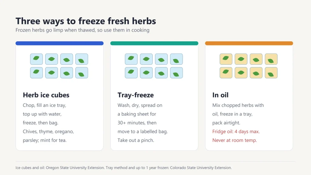 Three ways to freeze herbs: herb ice cubes with water, tray-freezing leaves, and freezing chopped herbs in oil