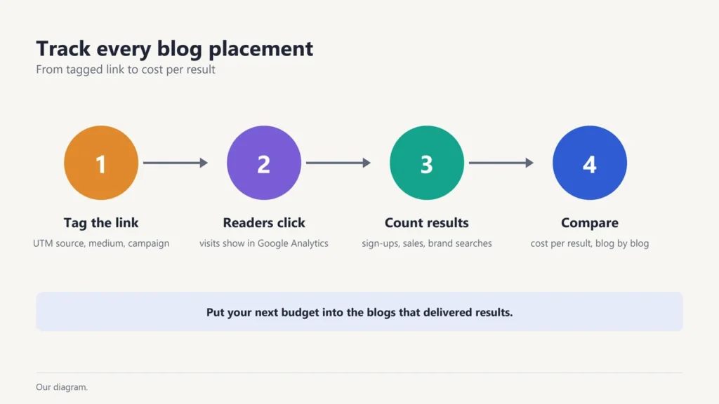 Four steps to track blog ads: tag the link with UTM parameters, readers click, count results, compare cost per result