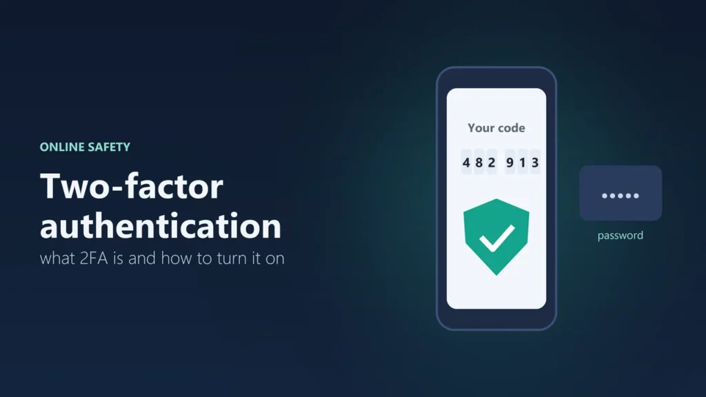 Illustration of a phone showing a six-digit login code and a green shield next to a password field