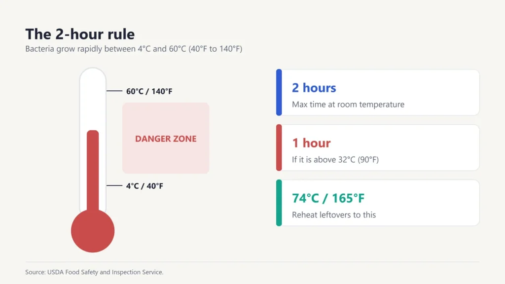 The 2-hour rule: bacteria grow rapidly between 4 and 60 degrees Celsius; refrigerate within 2 hours, or 1 hour above 32 degrees Celsius; reheat to 74 degrees Celsius