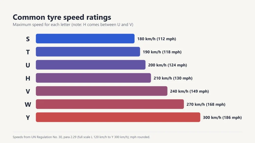 Tyre speed rating chart from S (180 km/h) to Y (300 km/h) with mph
