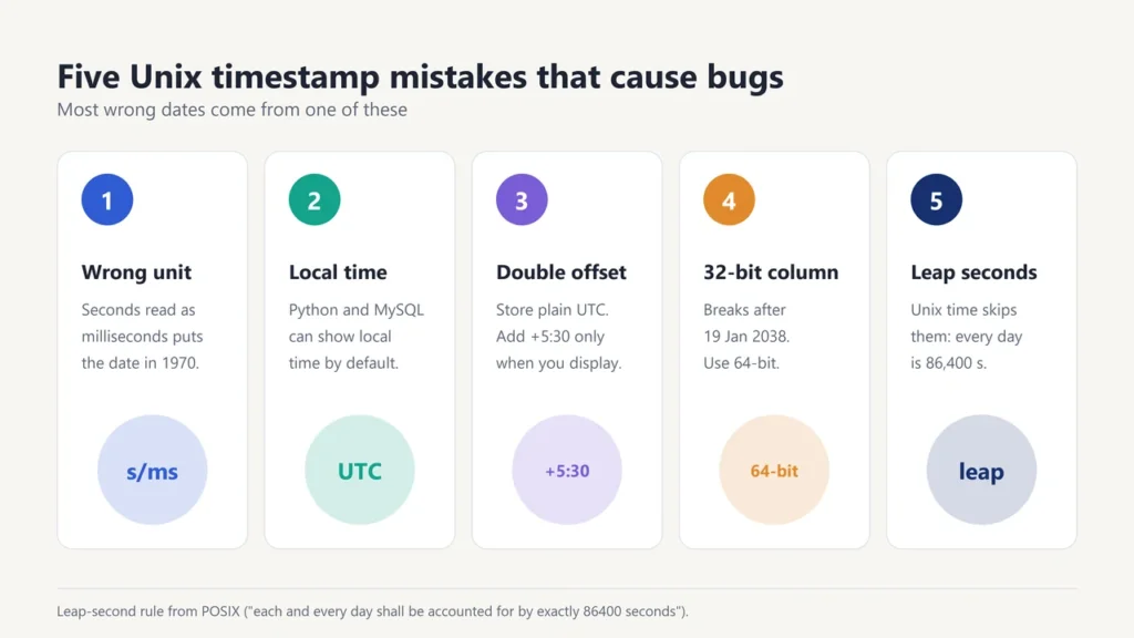 Five cards listing Unix timestamp mistakes: wrong unit, local time, double offset, 32-bit column and leap seconds