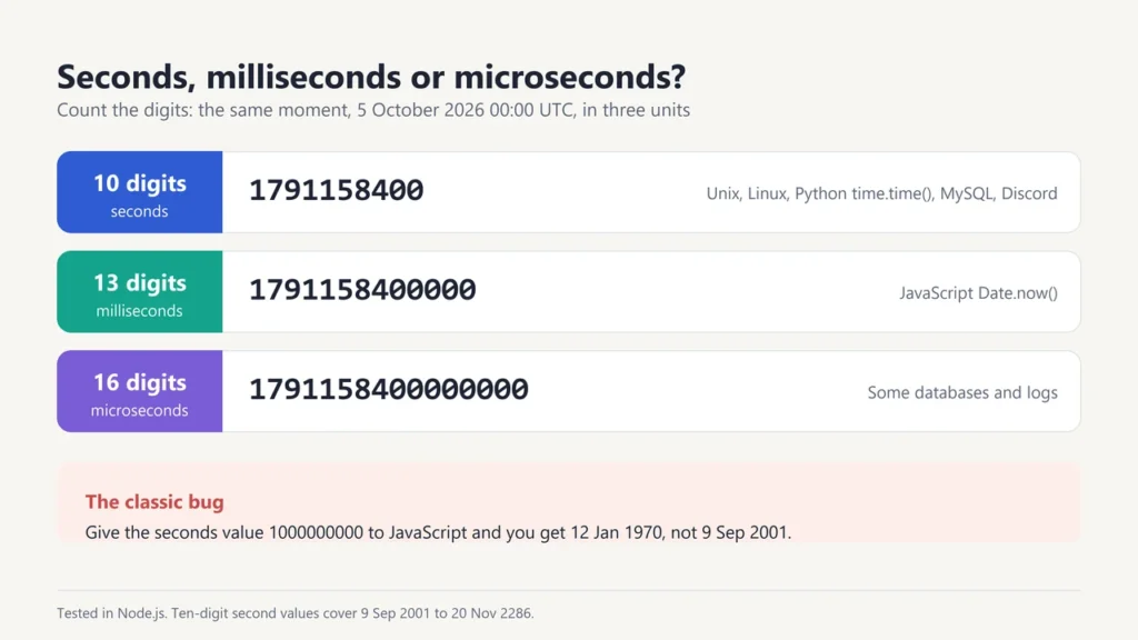 Three rows showing the same moment as a 10-digit seconds value, a 13-digit milliseconds value and a 16-digit microseconds value