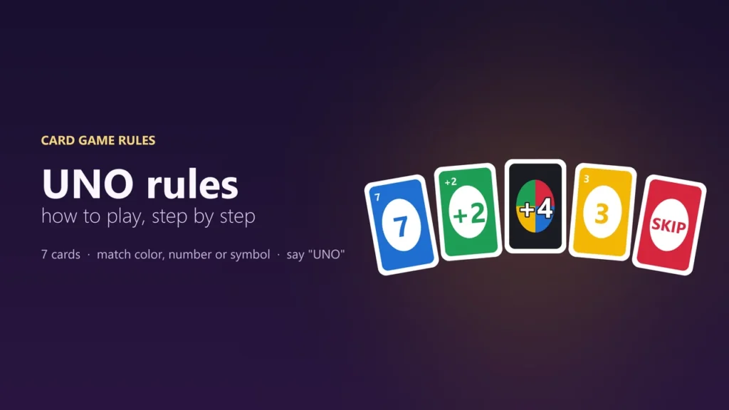 Illustration of five fanned playing cards in blue, green, black, yellow and red showing 7, +2, +4, 3 and Skip