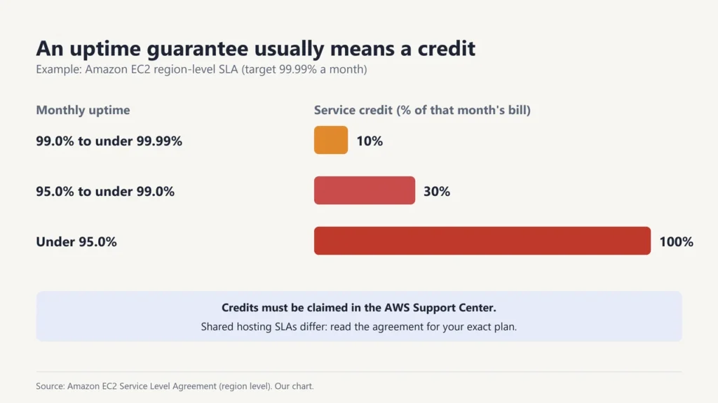 Amazon EC2 region-level SLA credits: 10% for 99.0% to under 99.99% monthly uptime, 30% for 95.0% to under 99.0%, 100% under 95.0%