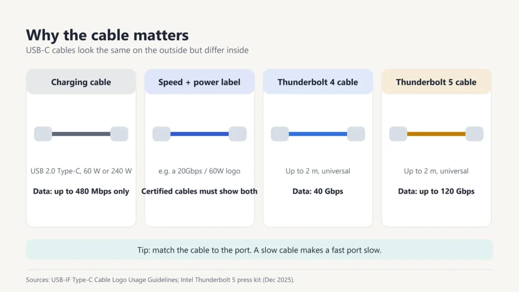 Four cable cards: a USB 2.0 charging cable limited to 480 Mbps, a certified cable with a speed and power label, a 40 Gbps Thunderbolt 4 cable and a 120 Gbps Thunderbolt 5 cable