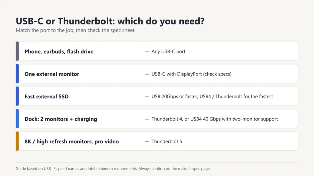 Guide matching tasks to ports: any USB-C for phones and flash drives, USB-C with DisplayPort for one monitor, faster USB for SSDs, Thunderbolt 4 for docks and Thunderbolt 5 for high-end displays