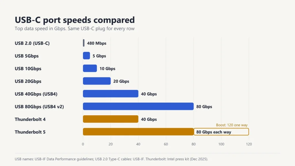Bar chart of USB-C port speeds from USB 2.0 at 480 Mbps through USB 5, 10, 20, 40 and 80 Gbps to Thunderbolt 4 at 40 Gbps and Thunderbolt 5 at 80 Gbps with a 120 Gbps boost