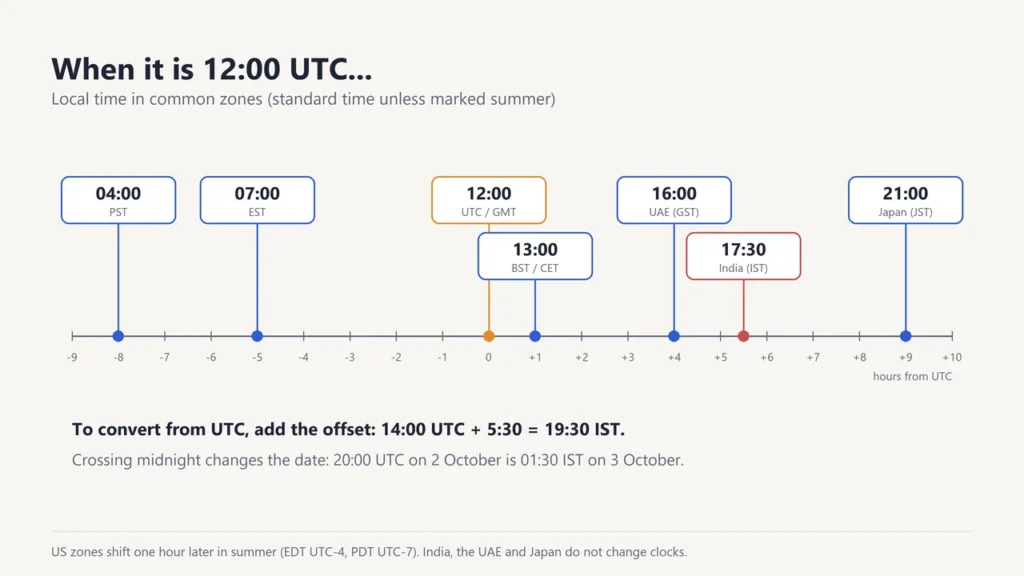 Timeline of UTC offsets showing local times when it is 12:00 UTC, including 17:30 in India and 13:00 in UK summer
