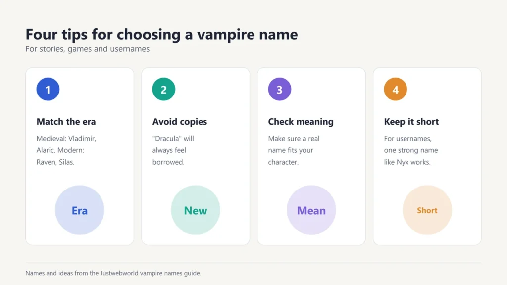 Four tips for choosing a vampire name: match the era, avoid copies, check the meaning and keep it short