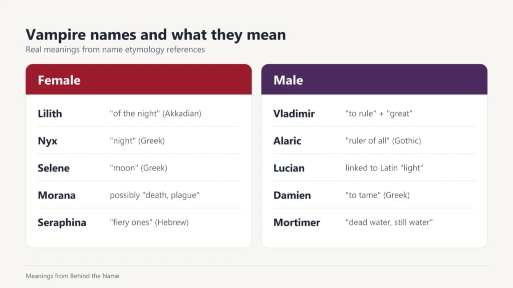 Vampire names and meanings: Lilith, Nyx, Selene, Morana, Seraphina, Vladimir, Alaric, Lucian, Damien and Mortimer