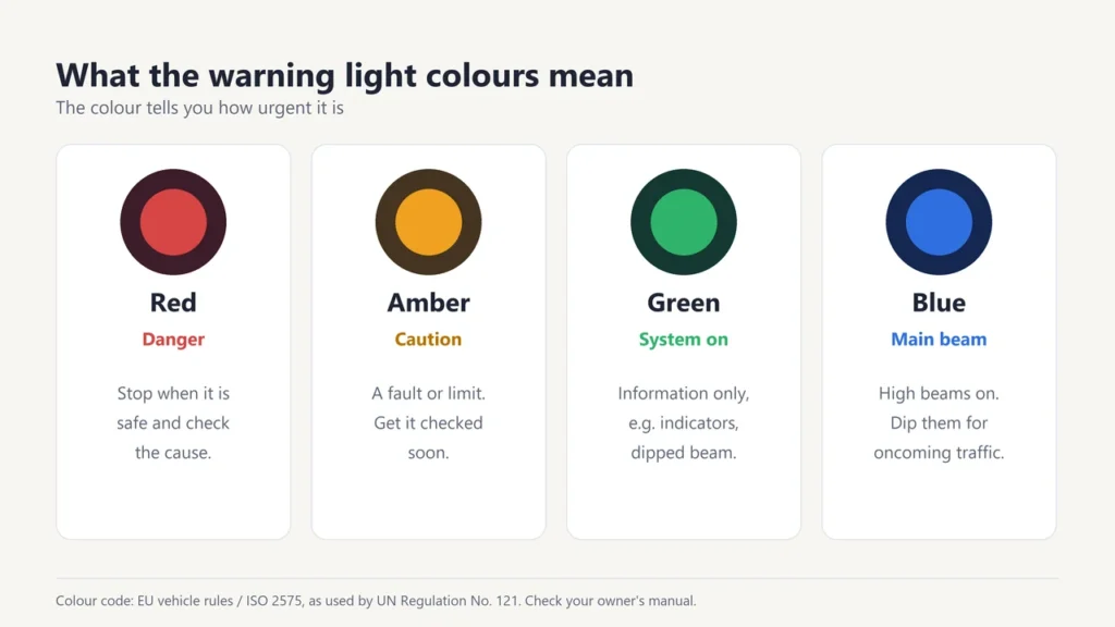 Guide to warning light colours: red for danger, amber for caution, green for a system that is on, blue for main beam