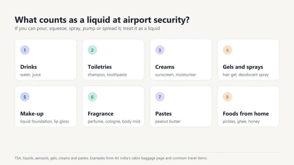 Grid of eight item types that count as liquids at airport security, from drinks and toiletries to pastes and foods like pickles, ghee and honey