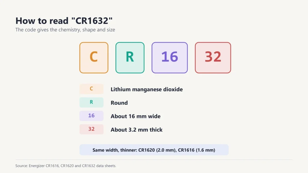 The code CR1632 split into C for lithium manganese dioxide, R for round, 16 for about 16 mm wide and 32 for about 3.2 mm thick