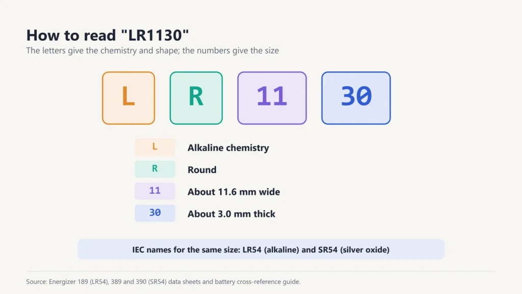 The code LR1130 split into L for alkaline, R for round, 11 for about 11.6 mm wide and 30 for about 3.0 mm thick
