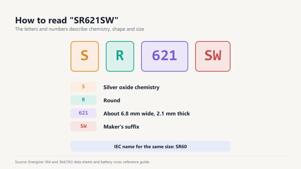 The code SR621SW split into S for silver oxide, R for round, 621 for about 6.8 mm wide and 2.1 mm thick, and SW for a maker's suffix
