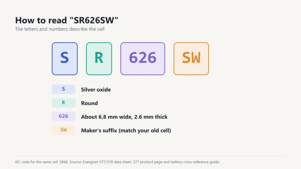 SR626SW broken down: S for silver oxide, R for round, 626 for about 6.8 mm by 2.6 mm, SW a maker's suffix