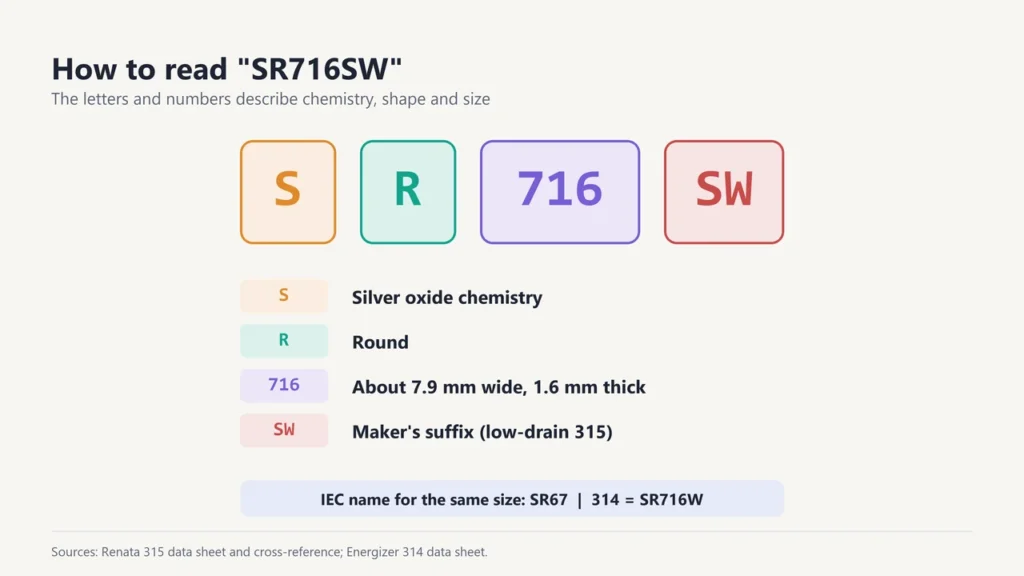 Breakdown of the code SR716SW: S silver oxide, R round, 716 size about 7.9 by 1.6 mm, SW maker's suffix
