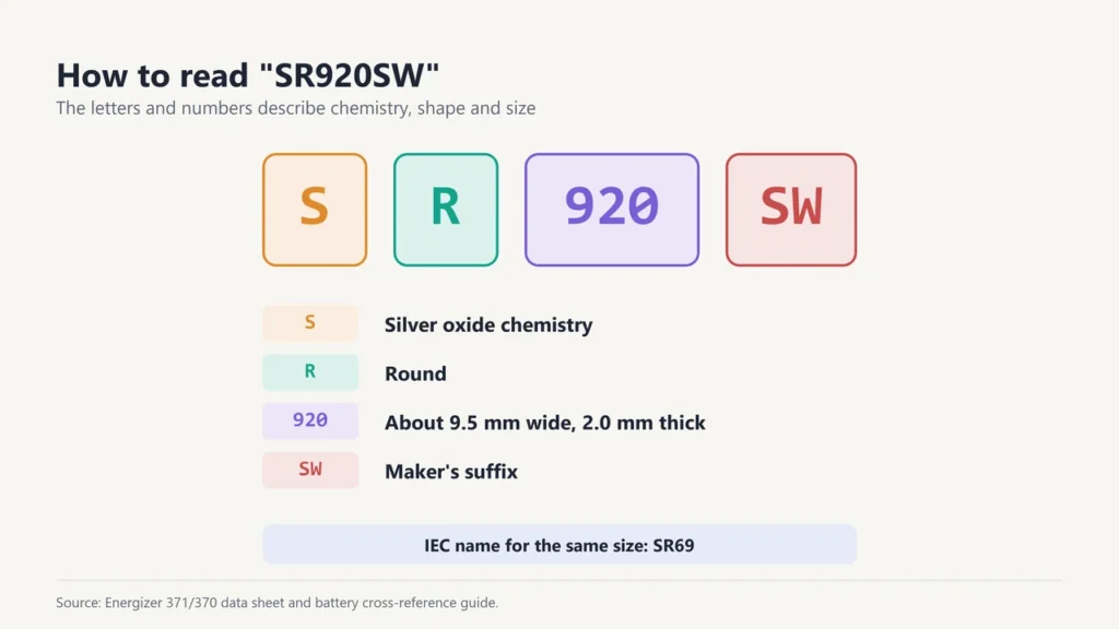 The code SR920SW split into S for silver oxide, R for round, 920 for about 9.5 mm wide and 2.0 mm thick, and SW for a maker's suffix