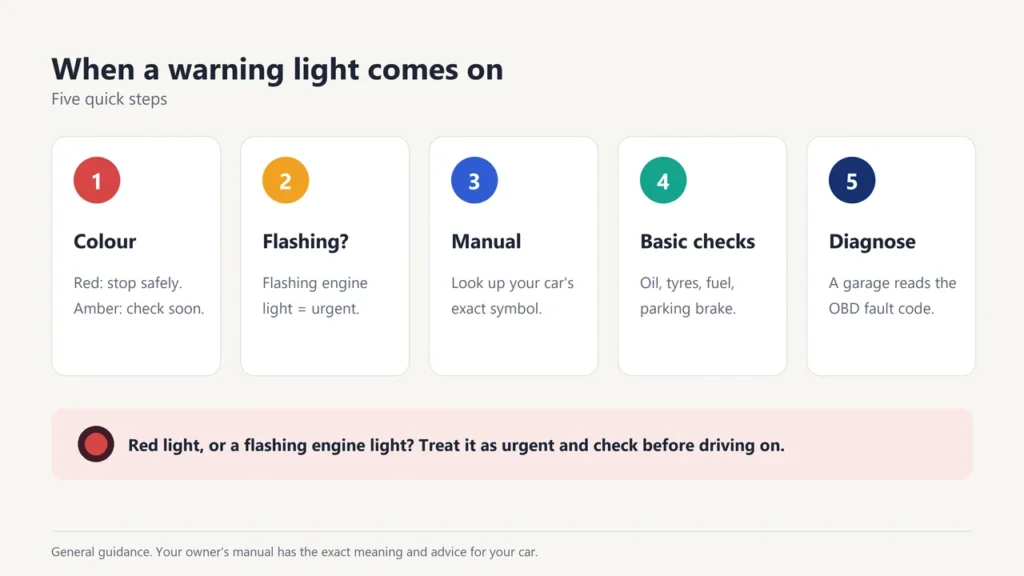 Five steps to take when a dashboard warning light comes on, from checking the colour to getting a diagnosis