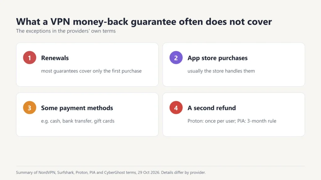 Four things VPN money-back guarantees often do not cover: renewals, app store purchases, some payment methods, a second refund