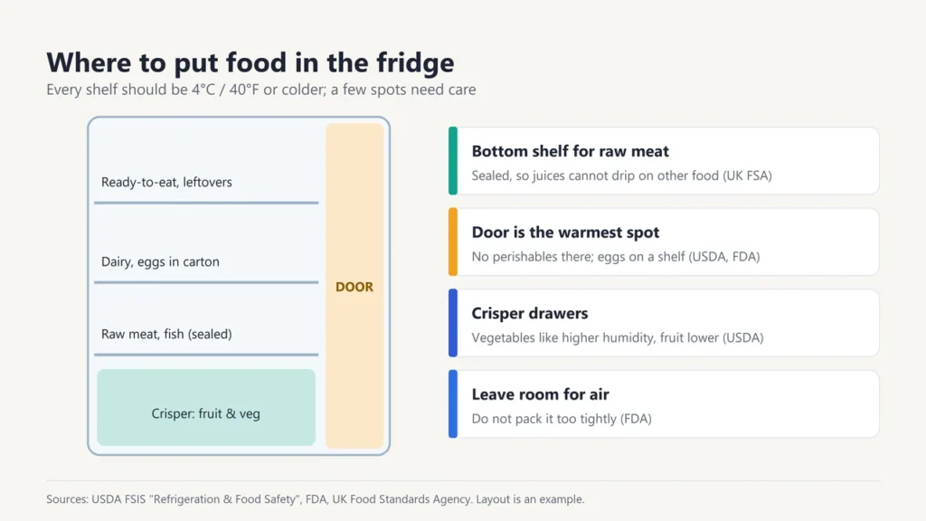 Fridge layout showing ready-to-eat food on top shelves, raw meat sealed on the bottom shelf, fruit and vegetables in the crisper, and the door as the warmest spot
