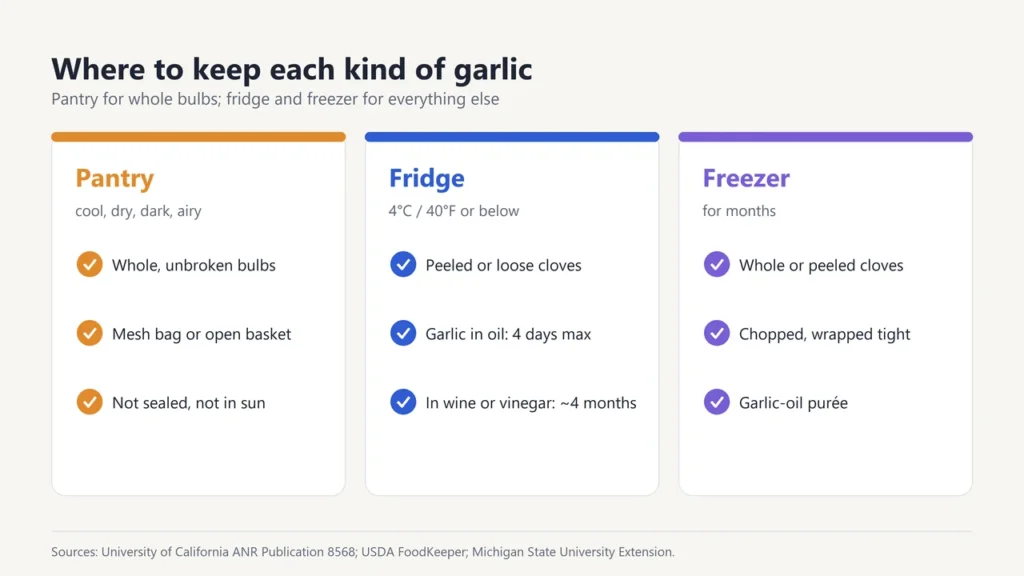 Where to keep garlic: whole bulbs in the pantry, peeled cloves and garlic in oil in the fridge, cloves and purée in the freezer