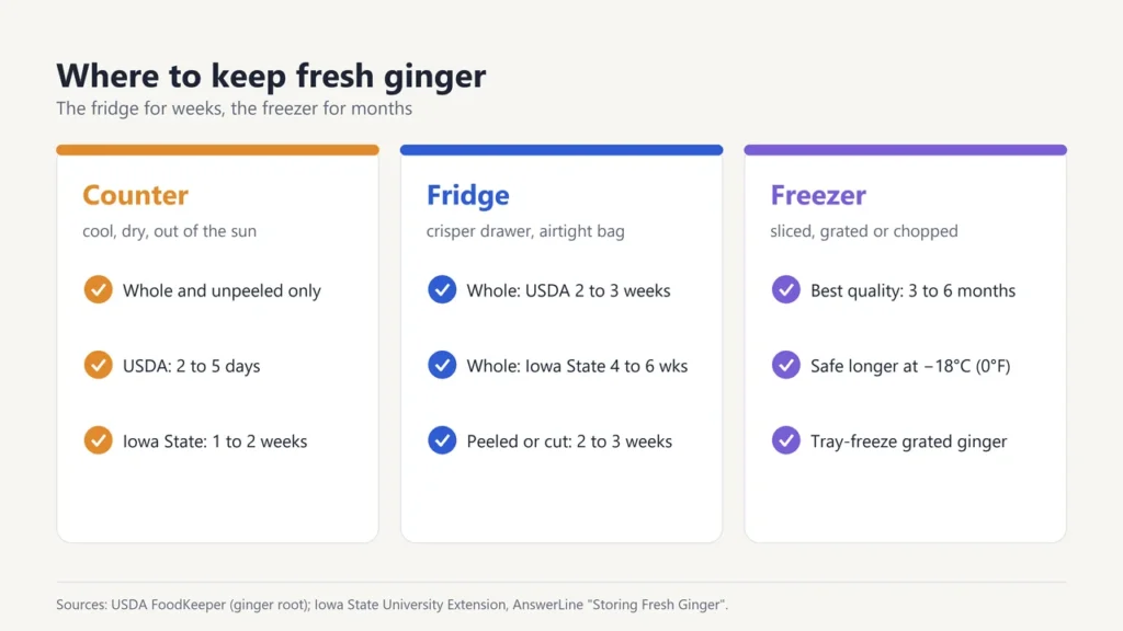 Three panels comparing storing ginger on the counter, in the fridge and in the freezer, with storage times