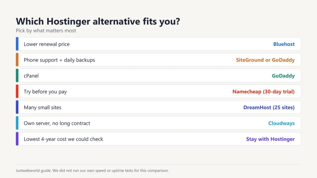 Decision guide matching needs to hosts: lower renewal Bluehost, phone support SiteGround or GoDaddy, free trial Namecheap, many sites DreamHost, own server Cloudways
