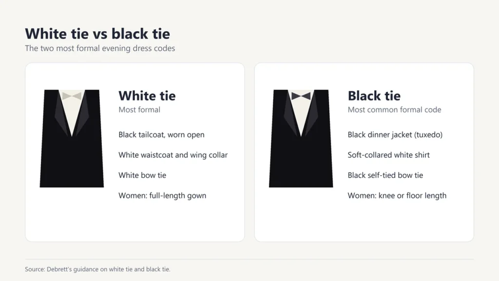 White tie vs black tie: tailcoat with white bow tie compared with a dinner jacket and black bow tie