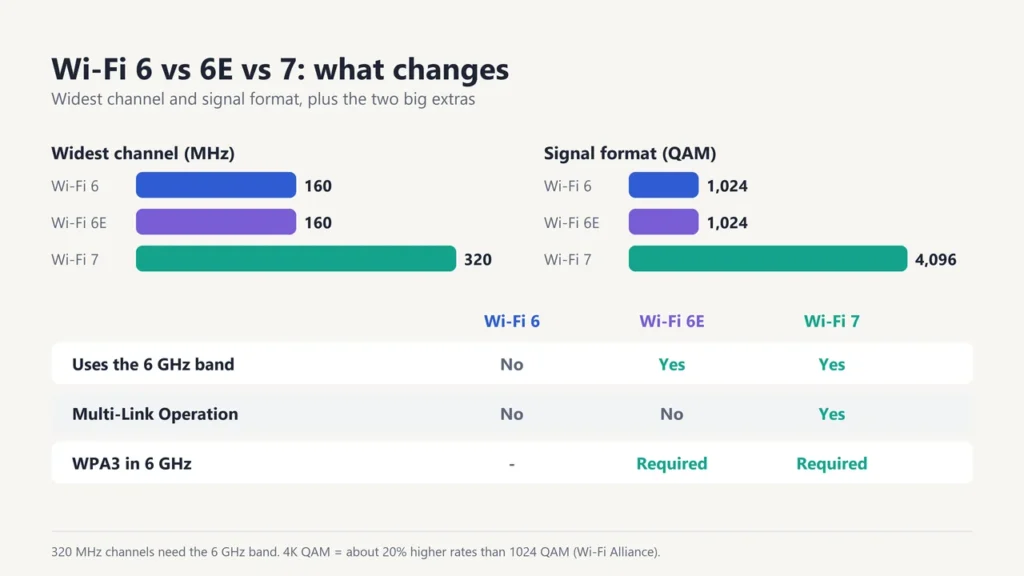 Chart comparing Wi-Fi 6, 6E and 7: widest channel 160, 160 and 320 MHz; QAM 1024, 1024 and 4096; 6 GHz band and Multi-Link Operation support