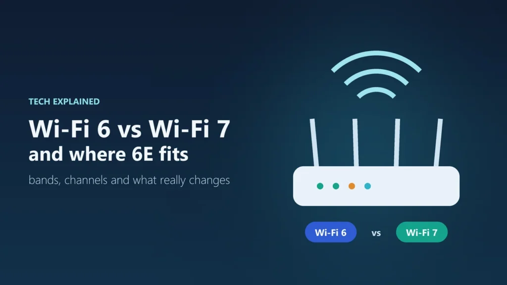 Illustration of a Wi-Fi router with Wi-Fi 6 and Wi-Fi 7 labels