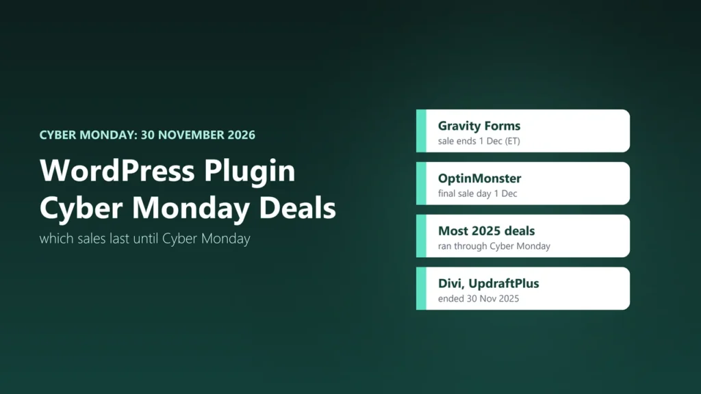Illustration of four cards: Gravity Forms sale ends 1 December, OptinMonster final sale day 1 December, most 2025 deals ran through Cyber Monday, Divi and UpdraftPlus ended 30 November 2025