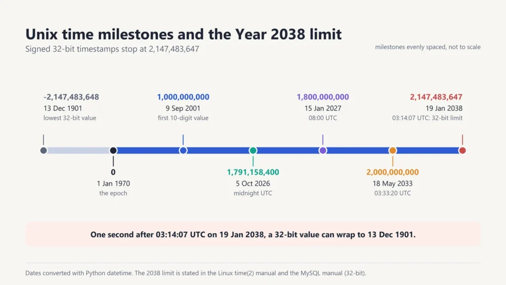 Timeline of Unix time milestones from 13 December 1901 to the 32-bit limit at 03:14:07 UTC on 19 January 2038